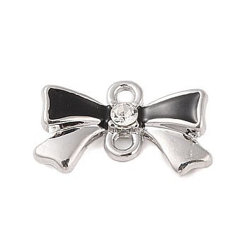 Rack Plating Alloy Black Enamel Bowknot Connector Charms, with Crystal Rhinestone, Platinum, 11.5x19x4mm, Hole: 2mm