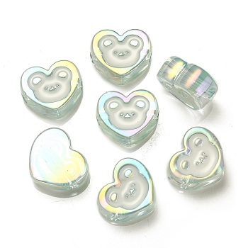 UV Plating Rainbow Iridescent Acrylic Enamel Beads, Heart with Bear Pattern, Pale Turquoise, 17.5x20x9mm, Hole: 3.5mm