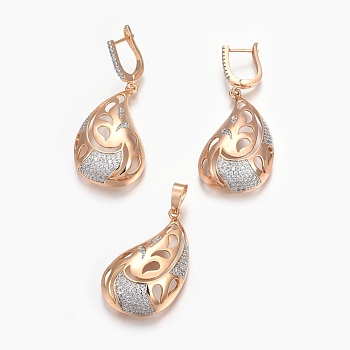Brass Micro Pave Cubic Zirconia Jewelry Sets, Pendant and Earrings, Long-Lasting Plated, teardrop, Light Gold, 42mm, Hole: 5x7mm, 51mm, Pin: 0.9mm