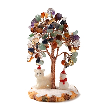 Christmas Natural Gemstone Chips Tree Decorations, Snowman Resin Base with Copper Wire Feng Shui Energy Stone Gift for Home Office Desktop, 60.5x115mm