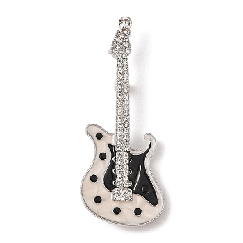 Guitar Alloy Rhinestone Musical Instruments Brooches, Black Enamel Pins, Platinum, Crystal, 69x26.5mm