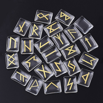 Glass Cabochons, Divination Stone, Rectangle with Runes/Futhark/Futhorc, Clear, 20x15x5.5mm, 25pcs/set