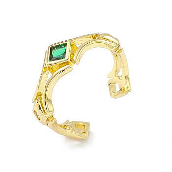 Cubic Zirconia Rhombus Open Cuff Ring, Golden Brass Jewelry for Women, Lime, Inner Diameter: 18.4mm