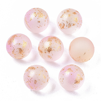 Transparent Spray Painted Frosted Glass Beads, with Golden Foil, No Hole/Undrilled, Round, Pink, 10mm