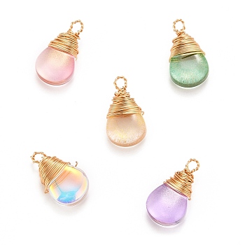Transparent Glass Pendants, with Gold Copper Wire Wrapped Pendants, Teardrop, Mixed Color, 18.5x10x6mm, Hole: 2mm