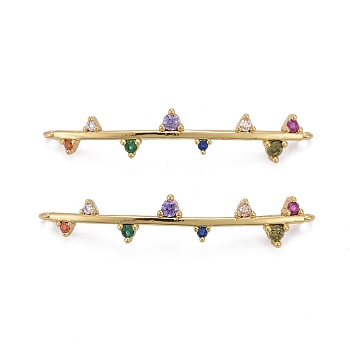 Brass Micro Pave Colorful Cubic Zirconia Links Connectors, Long-Lasting Plated, Rectangle, Real 18K Gold Plated, 32x6x6mm, Hole: 0.9mm