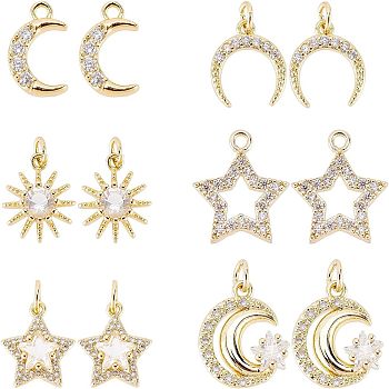 12Pcs 6 Style Brass Cubic Zirconia Charms, with Jump Ring, Long-Lasting Plated, Star & Moon & Sun, Real 18K Gold Plated, 12~13.5x8~14x2~4.5mm, 2pcs/style