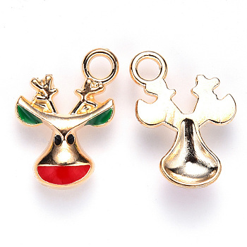 Alloy Enamel Pendants, for Christmas, Christmas Reindeer/Stag, Light Gold, Red, 17x12x3.5mm, Hole: 2.5mm