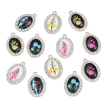 Alloy Enamel & Rhinestone Pendants, Oval with Flower Pattern Charms, Platinum, Mixed Color, 21.5x15x4.5mm, Hole: 1.6mm
