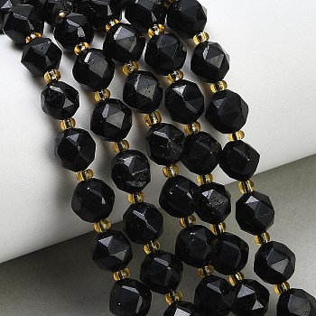 Natural Black Tourmaline Beads Strands, Star Cut Round Beads, Faceted, with Seed Beads, 8mm, Hole: 0.8mm, about 38pcs/strand, 14.49''(36.8cm)~14.88''(37.8cm)