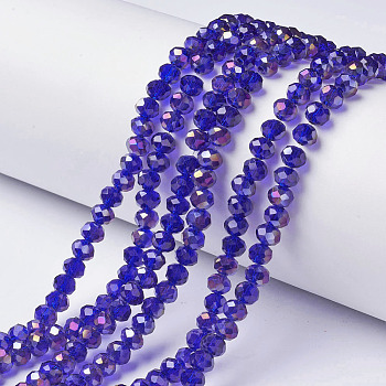 Electroplate Transparent Glass Beads Strands, Half Rainbow Plated, Faceted, Rondelle, Dark Blue, 3x2mm, Hole: 0.8mm, about 150~155pcs/strand, 15~16 inch(38~40cm)