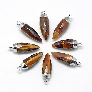 Natural Tiger Eye Pointed Pendants, with Brass Findings, Faceted, Bullet, Platinum, 25~27x8mm, Hole: 2mm