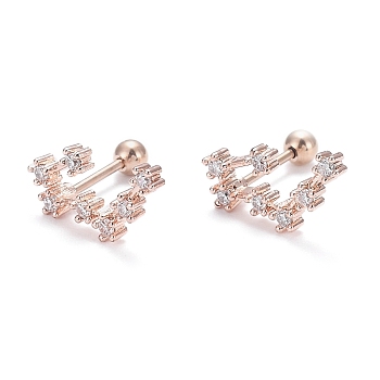 Brass Micro Pave Clear Cubic Zirconia Stud Earrings, with 304 Stainless Steel Pin and Ear Nut, Constellation/Zodiac Sign, Rose Gold, Taurus, 14x7mm, Pin: 0.8mm