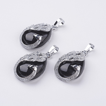 Natural Black Agate Pendants, with Brass Finding, Teardrop with Peacock, Platinum, 33x20x10.5mm, Hole: 5x6.5mm