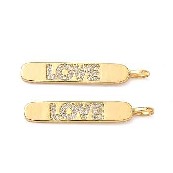 Brass Micro Pave Clear Cubic Zirconia Pendants, Oval & Word LOVE, Nickel Free, Real 18K Gold Plated, 32x5x3.5mm, Hole: 3.5x2mm