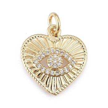 Brass Micro Pave Cubic Zirconia Pendants, with Jump Ring, Heart with Eye, Golden, Clear, 16x16.5x3.5mm, Hole: 3mm, Jump Ring: 5x0.9mm