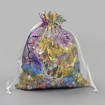 Organza Gift Bags, Drawstring Bags, with Colorful Coral Pattern, Rectangle, White, 7x5cm