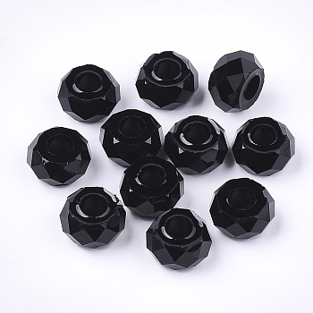 Transparent Resin Beads, Large Hole Beads, Faceted, Rondelle, Black, 14x8mm, Hole: 5.5mm