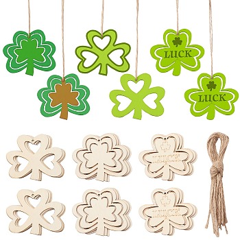 3 Sets 3 Styles Saint Patrick's Day Theme Wood Big Pendant Decorations, with Hemp Rope Hanging Ornaments, Clover, Lemon Chiffon, 68.5x82x2mm, Hole: 3mm, 1 set/style