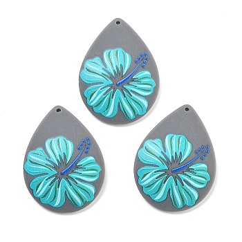 Flower Theme Spray Painted Acrylic Pendants, Teardrop, 43x32x3mm, Hole: 1.6mm