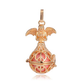 Golden Plated Brass Hollow Round Cage Pendants, with No Hole Spray Painted Brass Beads, Pink, 45x25x24mm, Hole: 3x8mm