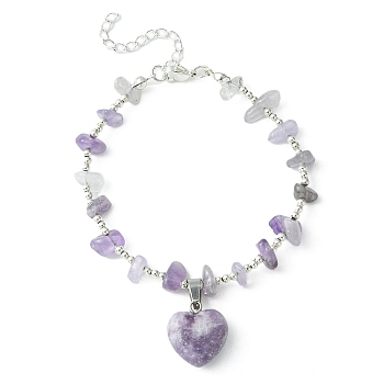 Natural Lilac Jade Heart Charm Bracelet with Chips Beaded Chains, Brass Bracelet, 9 inch(22.8cm)