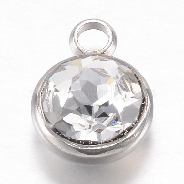 Stainless Steel Color Clear Flat Round Stainless Steel+Glass Charms