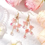 Flower Brass Dangle Earrings, with Glass & Resin & Plastic, Golden, Pink, 77.5mm(EJEW-TA00643-02)