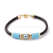 Japanese Seed Column with Evil Eye Beaded Bracelet with Cowhide Cords for Women, Sky Blue, 7-5/8 inch(19.5cm)(BJEW-JB09078-03)