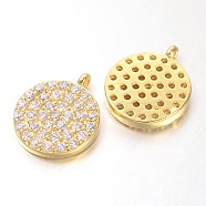 Hollow Flat Round Brass Micro Pave Cubic Zirconia Charms, Golden, 11x10x2mm, Hole: 1mm(ZIRC-D052-G)