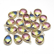 Glass Pendants, with Golden Tone Brass Findings, Faceted, teardrop, Champagne Yellow, 23x15x7mm, Hole: 1.5~2mm(GLAA-Q068-12A-08)