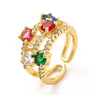 Colorful Glass Open Cuff Ring with Cubic Zirconia, Brass Jewelry for Women, Real 18K Gold Plated, US Size 7 1/4(17.5mm)(KK-H439-05G)