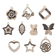 10Pcs 10 Style Alloy Enamel Pendants, with Crystal Rhinestone, Rhombus & Star & Rose & Heart & Rabbit Charms, Light Gold, 18~26.5x11.5~21x1.5~3mm, Hole: 1.6~2mm, 1Pc/style(FIND-YW0002-84)
