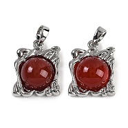 Natural Carnelian(Dyed & Heated) Pendants, Brass Square Charms, Platinum, 18x14x6.5mm, Hole: 2.5x5mm(KK-P283-52P)