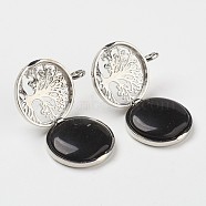 Natural Black Agate Pendants, with Brass Diffuser Locket Findings, Flat Round with Tree, 31x26x8mm, Hole: 4mm(G-G910-F13)