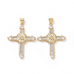 Brass Cubic Zirconia Pendants, Religion Cross Charm, Golden, 36x27x3mm, Hole: 3x5mm(ZIRC-I062-04G)