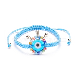 Big Evil Eye Braided Bead Bracelet, Adjustable Lampwork Beads Bracelet for Teen Girl Women, Golden, Dodger Blue, Inner Diameter: 2-1/4~4 inch(5.7~10.4cm)(BJEW-JB07109-05)