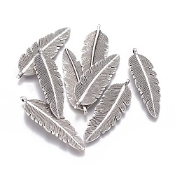 Tibetan Style Big Pendants, Lead Free and Nickel Free, Feather, Antique Silver, 56x17.5x4mm, Hole: 1mm(X-TIBEP-A123194-AS-FF)