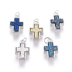 Druzy Resin Pendants, with Brass Finding, Cross, Platinum, Mixed Color, 17.5x11x4~6mm, Hole: 3mm(KK-J273-HP)