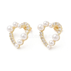 Brass Heart Stud Earrings with Cubic Zirconia, ABS Imitation Pearl Beaded Earrings for Women, Real 16K Gold Plated, 20x18mm(EJEW-D065-03G)
