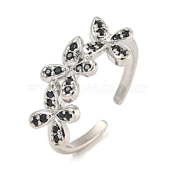 Flower Rack Plating Brass Micro Pave Cubic Zirconia Open Cuff Rings for Women, Cadmium Free & Lead Free, Long-Lasting Plated, Platinum, Black, Flower: 9.8x20.5mm, Adjustable(RJEW-N047-01P-02-RS)