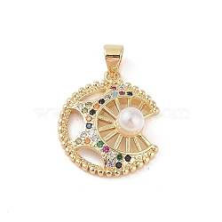 Brass Micro Pave Colorful Cubic Zirconia Pendants, with ABS Plastic Beads, Real 18K Gold Plated, Moon, 21x18x6.5mm, Hole: 4x3.5mm(KK-E111-34D-G)