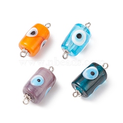 Handmade Evil Eye Column Lampwork Connector Charms, with Silver Color Plated Alloy Daisy Spacer Beads, Mixed Color, Mixed Color, 22x10mm, Hole: 1.2~1.5mm(PALLOY-JF01854)