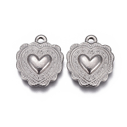 Non-Tarnish 304 Stainless Steel Textured Pendants, Heart with Pattern, Stainless Steel Color, 16x14x3mm, Hole: 1.6mm(STAS-F207-12P)