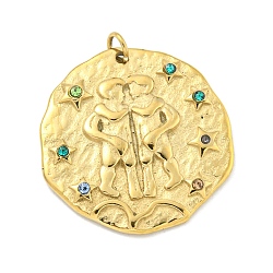 Real 18K Gold Plated PVD Vacuum Plating 304 Stainless Steel Pendants, with Rhinestone and Jump Ring, Flat Round with Constellations Charms, Gemini, 20~21.8x20~21x2~3mm, Hole: 2mm(STAS-L278-003G-03)