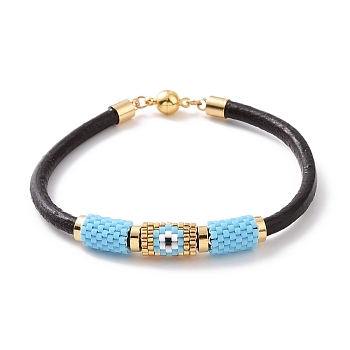 Japanese Seed Column with Evil Eye Beaded Bracelet with Cowhide Cords for Women, Sky Blue, 7-5/8 inch(19.5cm)