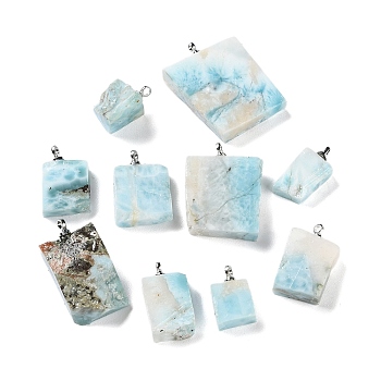 Grade 5A Natural Larimar Pendants, Nuggets Charms with Platinum Plated Brass Pendant Bails, 12.5~37.5x4~20x4~19mm, Hole: 1.6mm