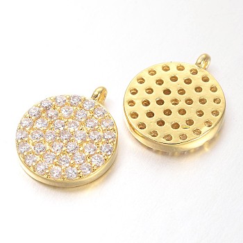 Hollow Flat Round Brass Micro Pave Cubic Zirconia Charms, Golden, 11x10x2mm, Hole: 1mm