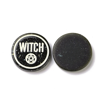 Halloween  Resin Cabochons, with Glitter Powder, Flat Round with Word Witch, Black, 29.5x5mm