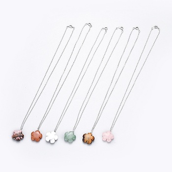 Natural Gemstone Pendants Necklaces, with Brass Cable Chains and 304 Stainless Steel Findings, Flower, 16.77 inch~17.12 inch(42.6~43.5cm), 1.7mm